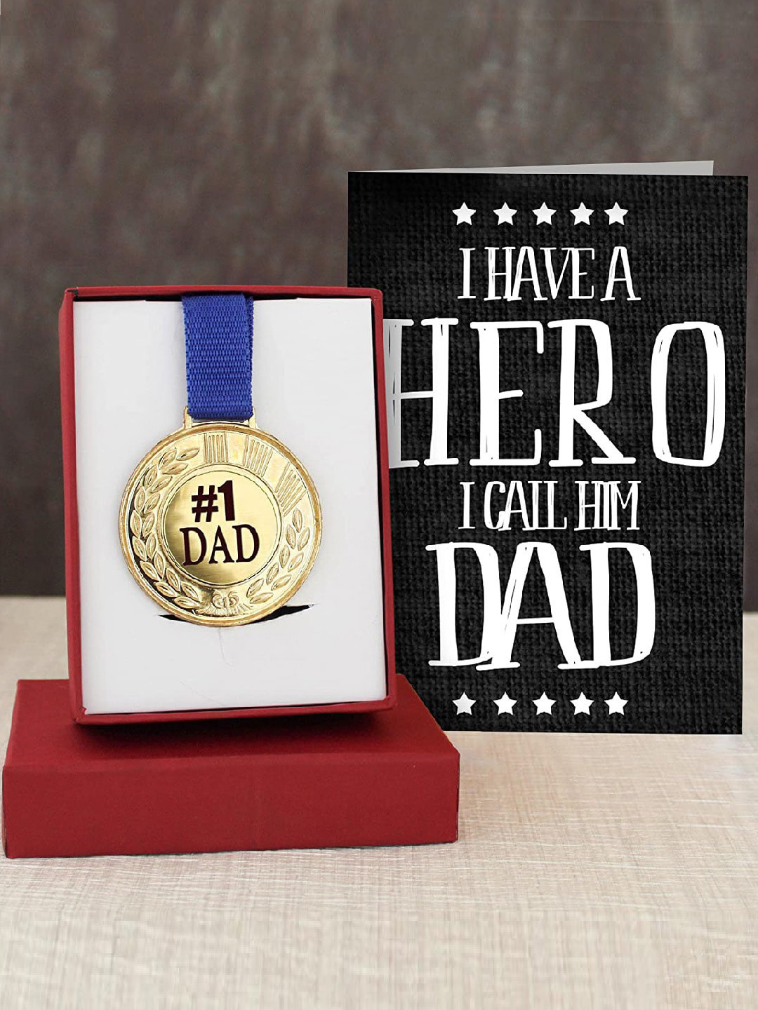 TIED RIBBONS Blue & Black Fathers Day Gift Golden Medal with Greeting Card Combo