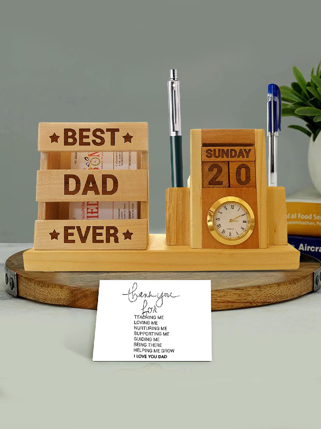 TIED RIBBONS Brown & Red Fathers Day Gift Pen Stand with Greeting Card Combo