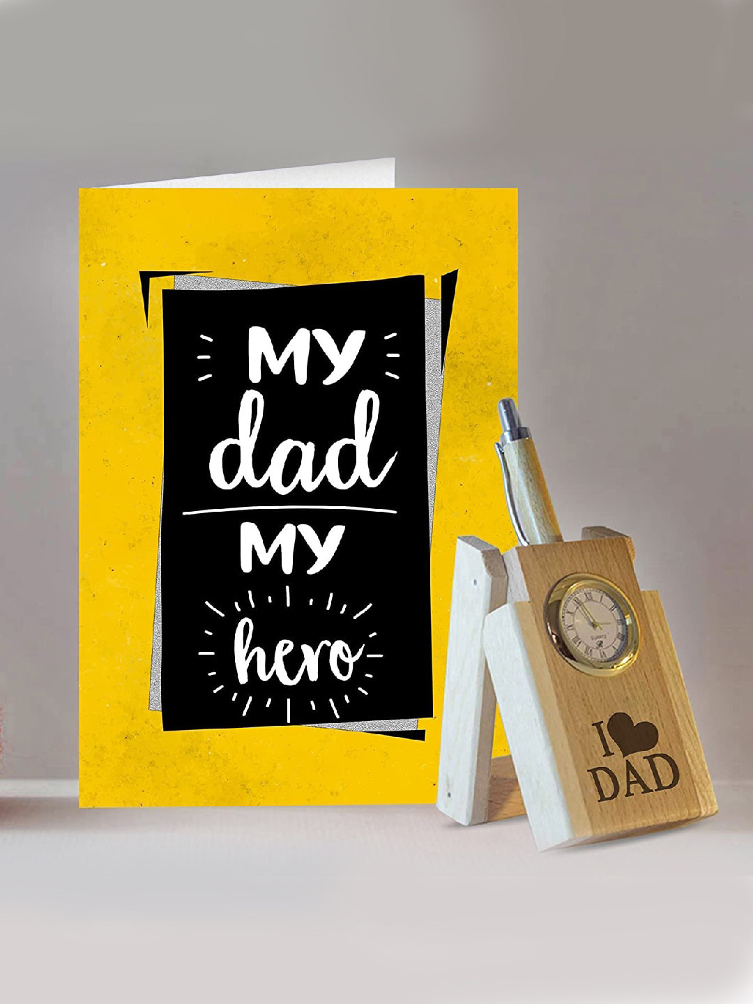 TIED RIBBONS Yellow & Black Fathers Day Gift Pen Stand With Pen & Greeting Card