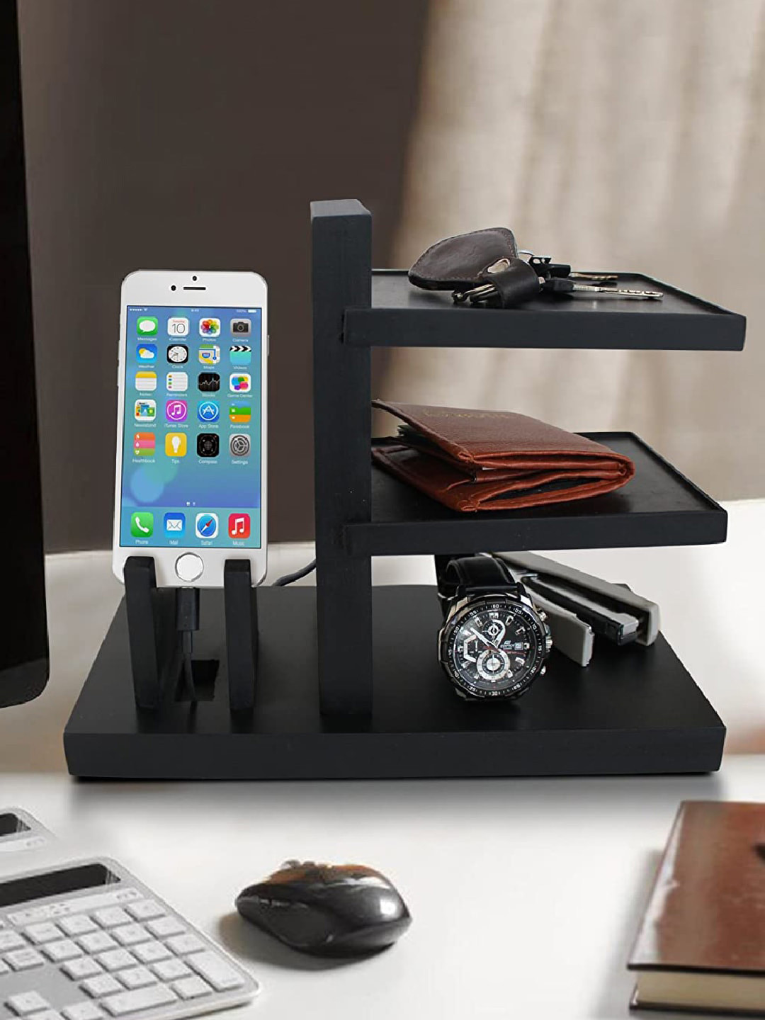 TIED RIBBONS Black Wooden Pen Holder & Desk Organiser