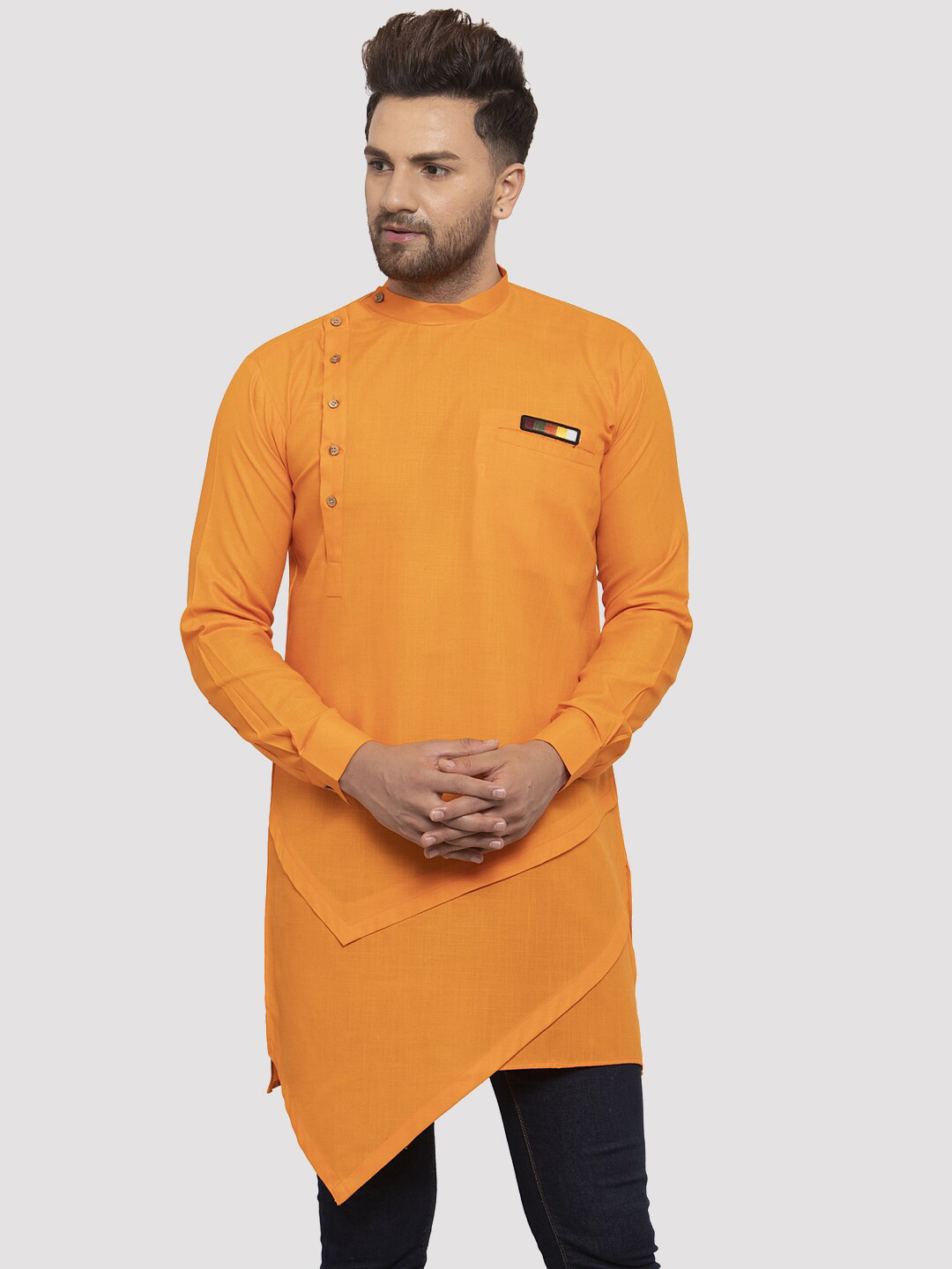 Kaifoo Men Orange Patchwork Asymmetric Kurta