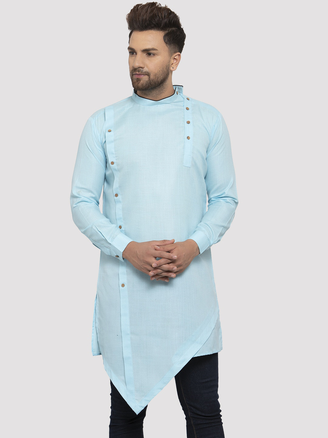 Kaifoo Men Sea Green & ice flow Chikankari Asymmetric Kurta