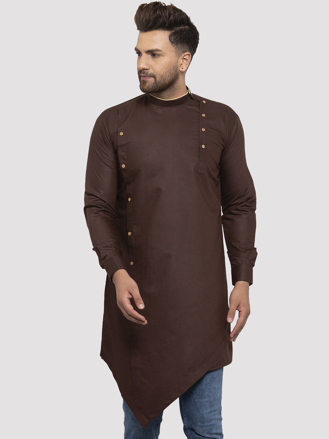 Kaifoo Men Brown Cold-Shoulder Sleeves Thread Work Asymmetric Kurta