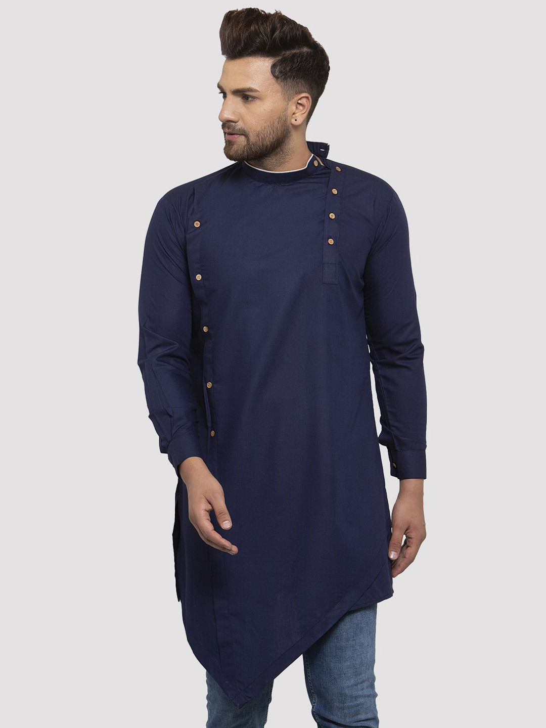 Kaifoo Men Navy Blue Flared Sleeves Thread Work Asymmetric Kurta