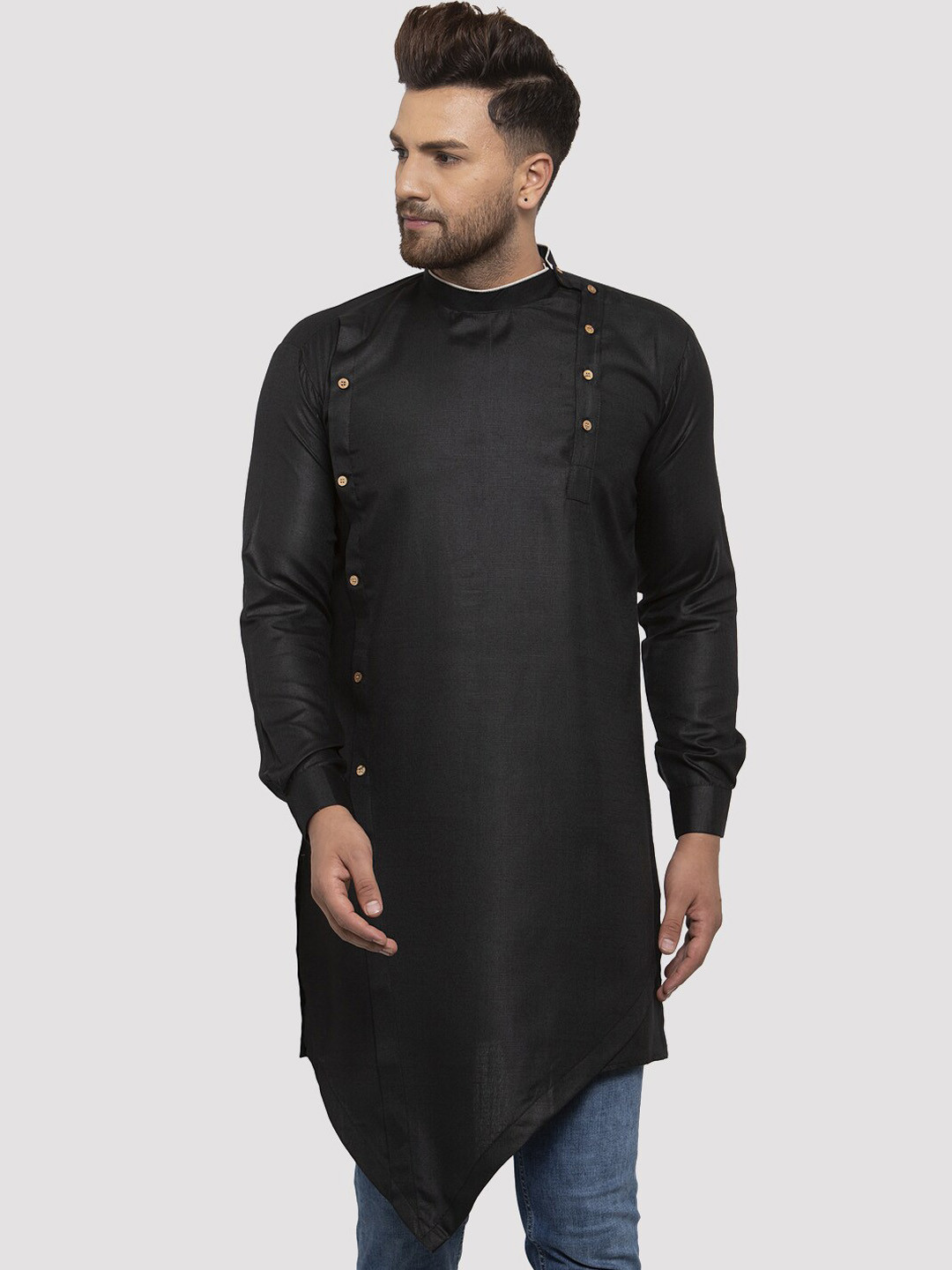 Kaifoo Men Black & raisin black Cold-Shoulder Sleeves Thread Work Asymmetric Pathani Kurta