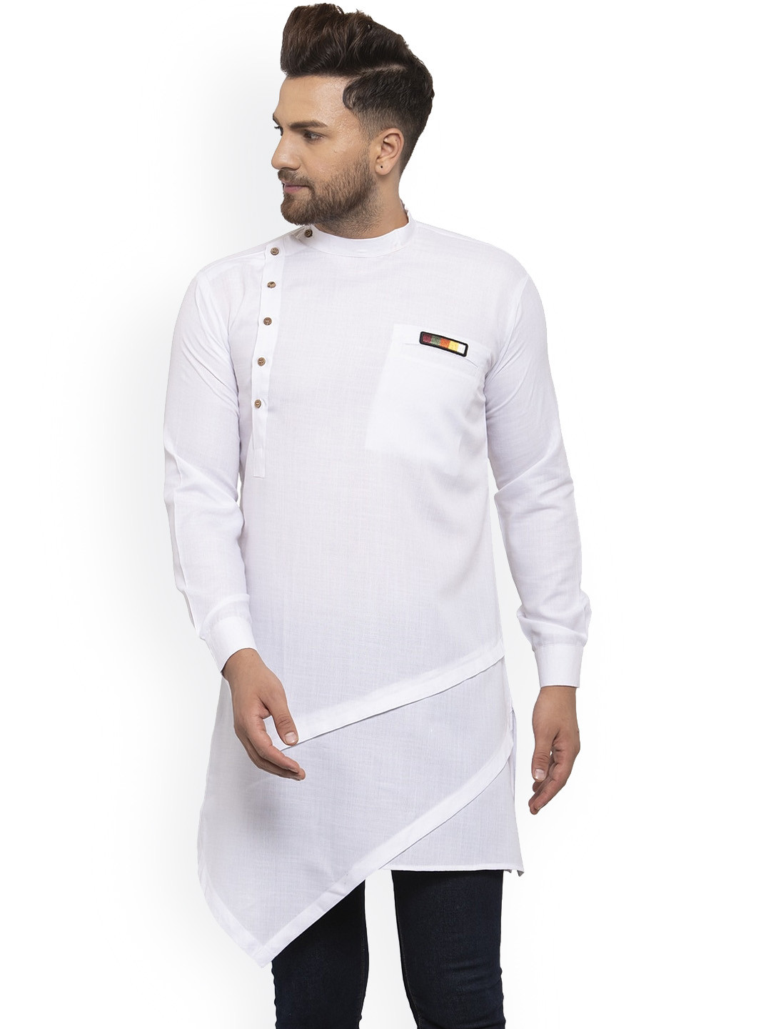 Kaifoo Men White Gotta Patti Asymmetric Kurta