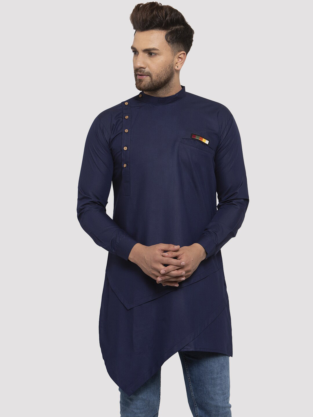 Kaifoo Men Navy Blue Patchwork Asymmetric Kurta