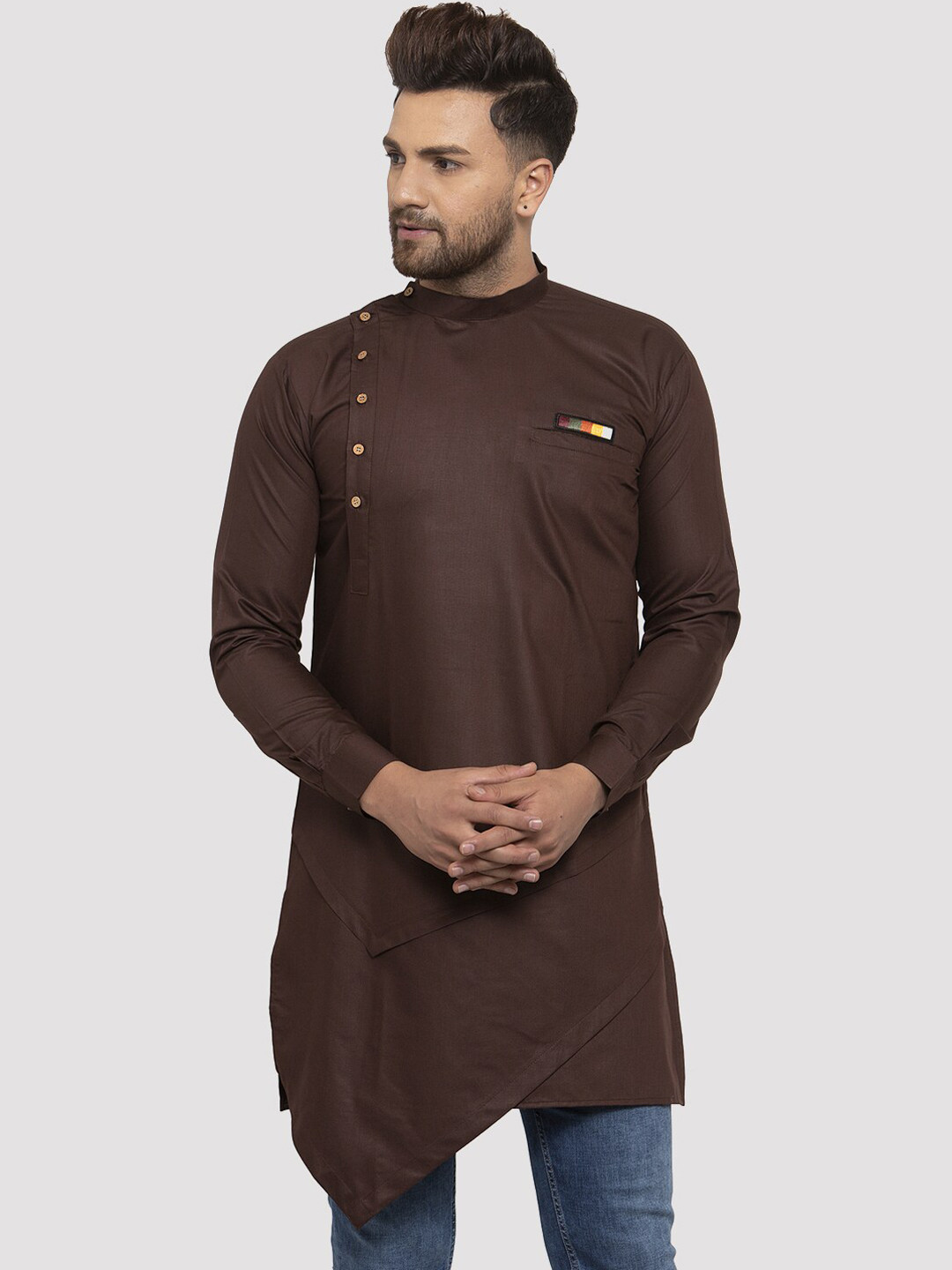Kaifoo Men Brown Patchwork Asymmetric Kurta