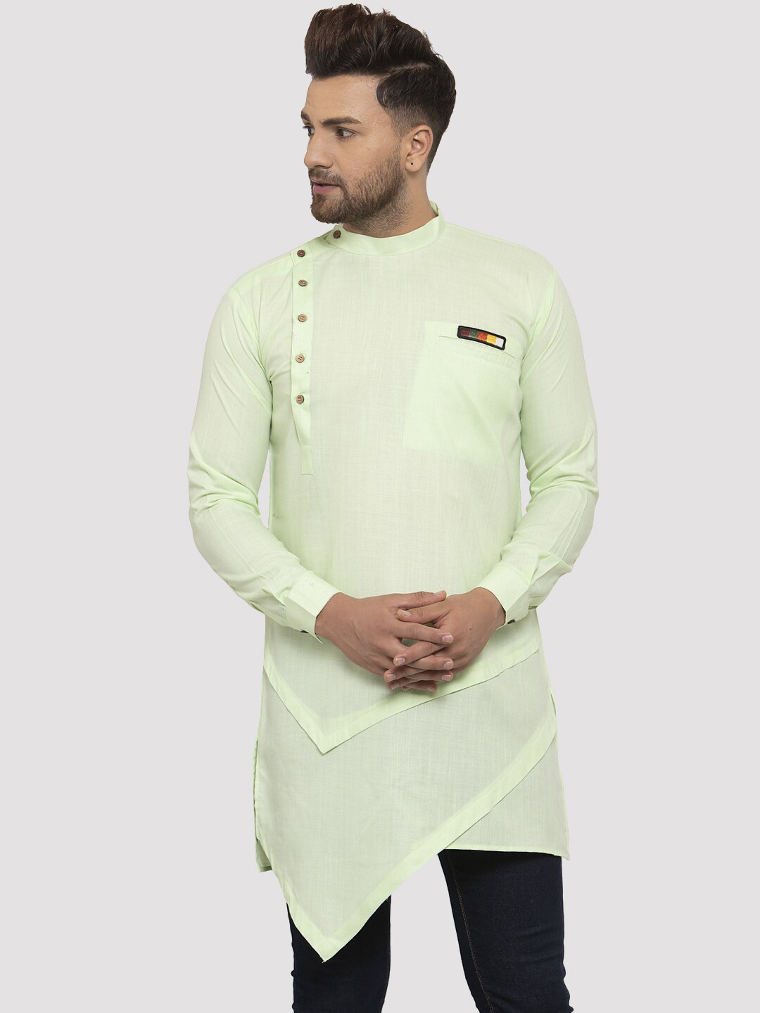 Kaifoo Men Lime Green Patchwork Asymmetric Kurta