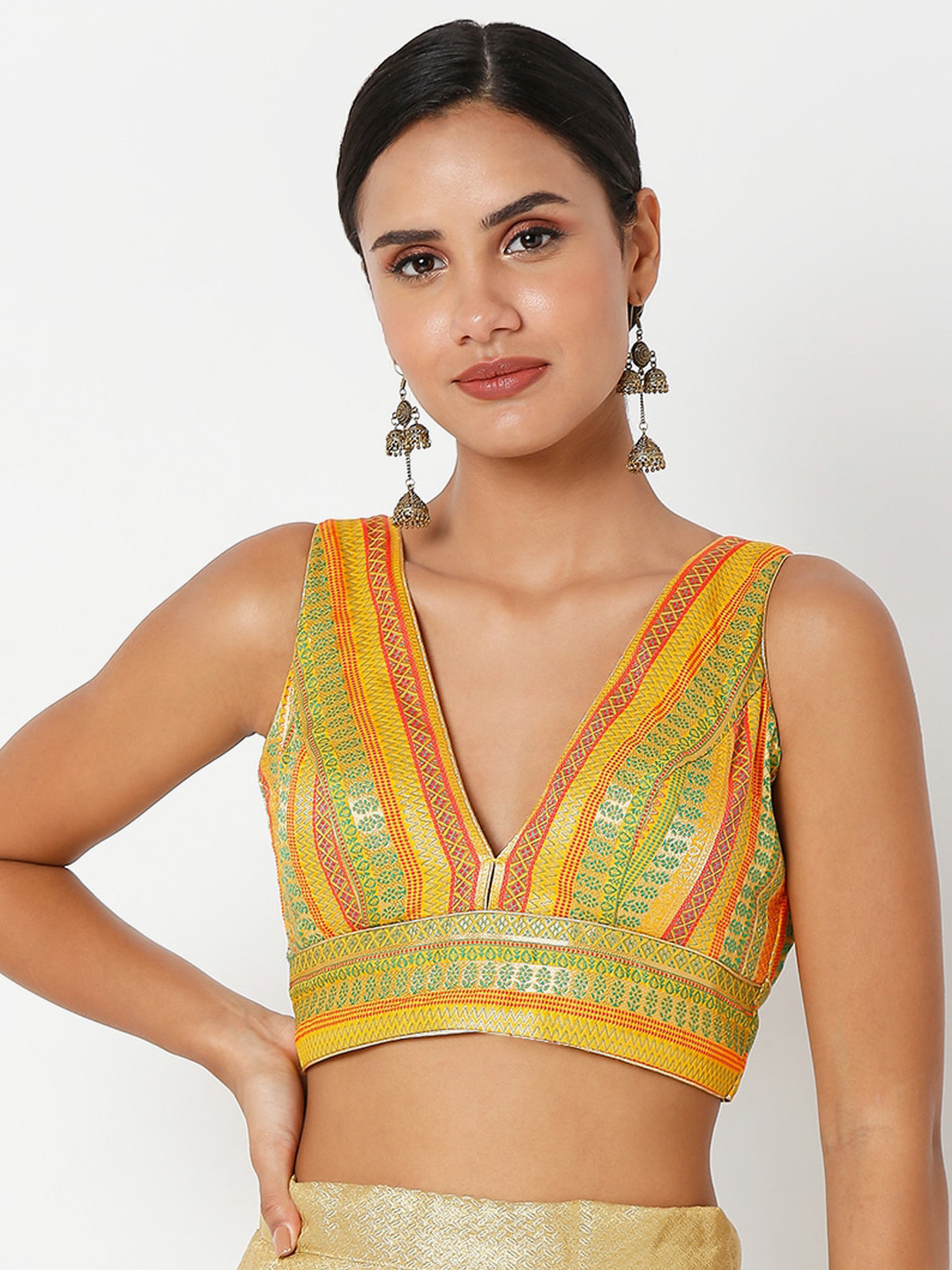 SALWAR STUDIO Women Yellow & Red Self Design Readymade Saree Blouse