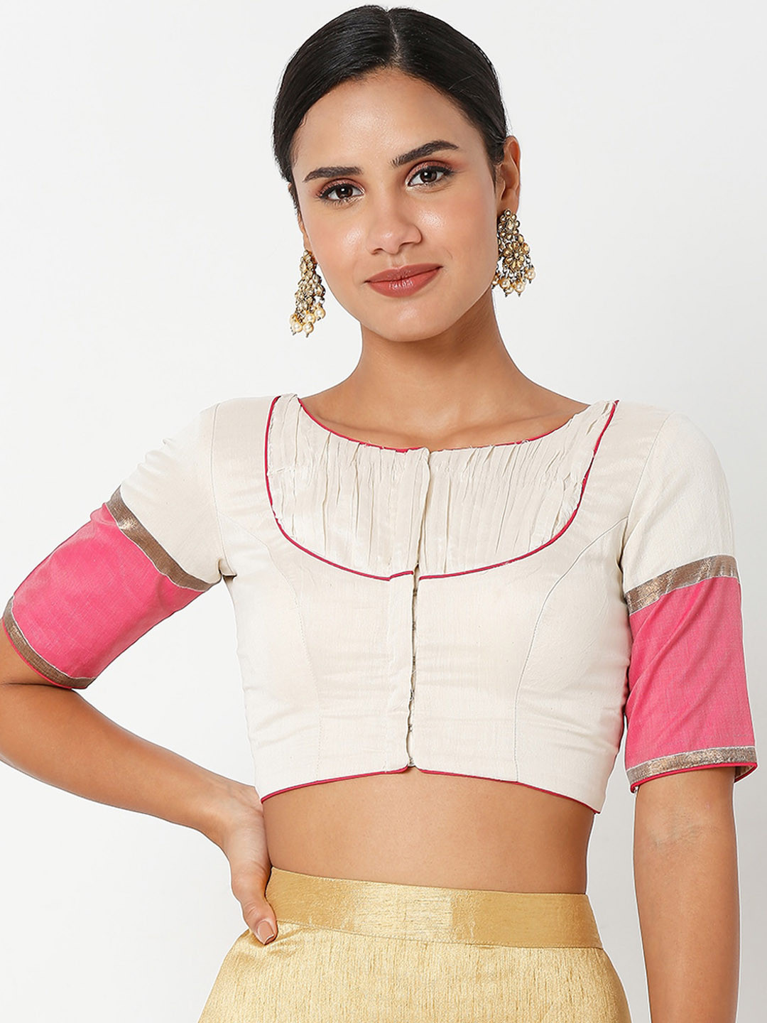 SALWAR STUDIO White & Pink Self Design Cotton Saree Blouse