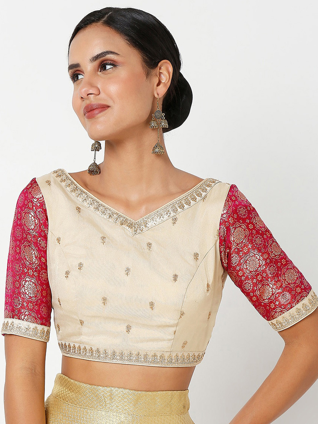 SALWAR STUDIO Women Beige & Pink Oraganza Embroidered Readymade Saree Blouse