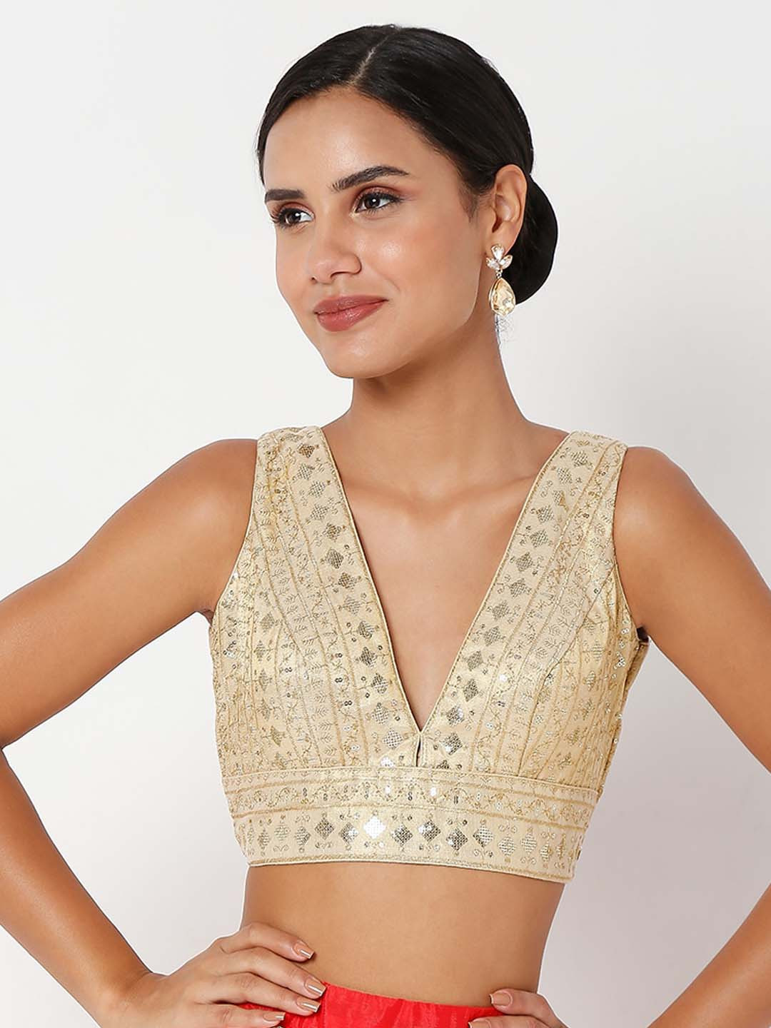 SALWAR STUDIO Beige V Neck Embellished Sleeveless Readymade Saree Blouse