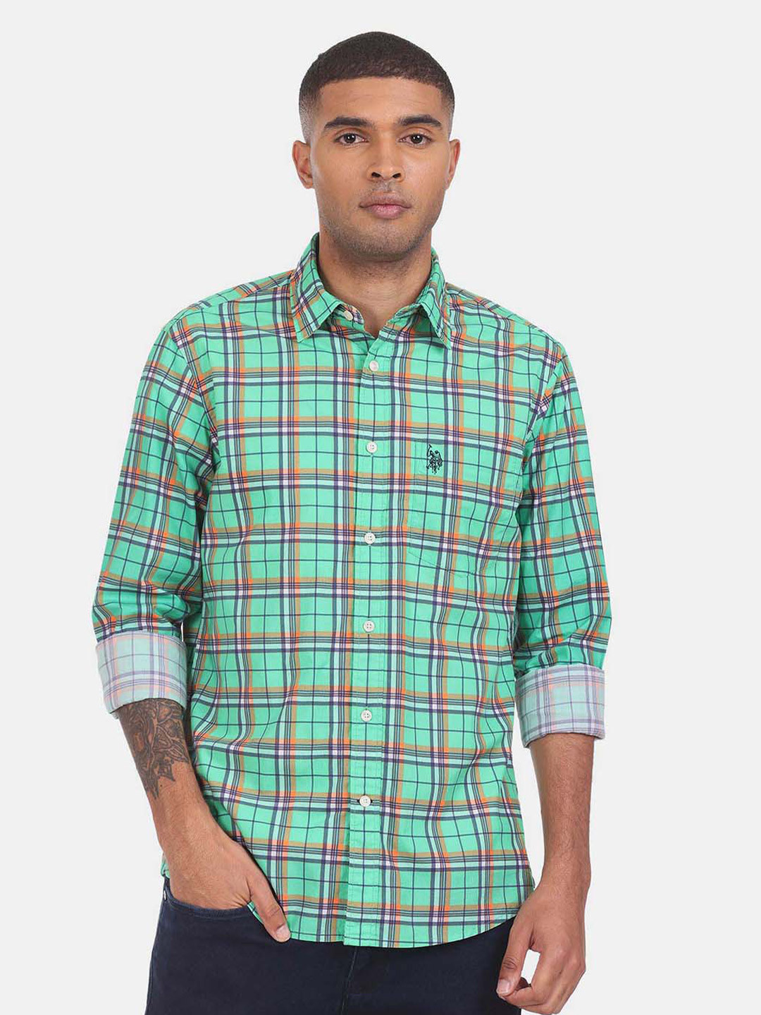 U S Polo Assn Men Green Tartan Checked Cotton Casual Shirt
