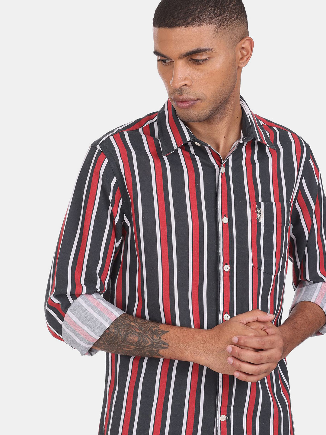 U S Polo Assn Men Green & Red Striped Regular Fit Linen Cotton Casual Shirt