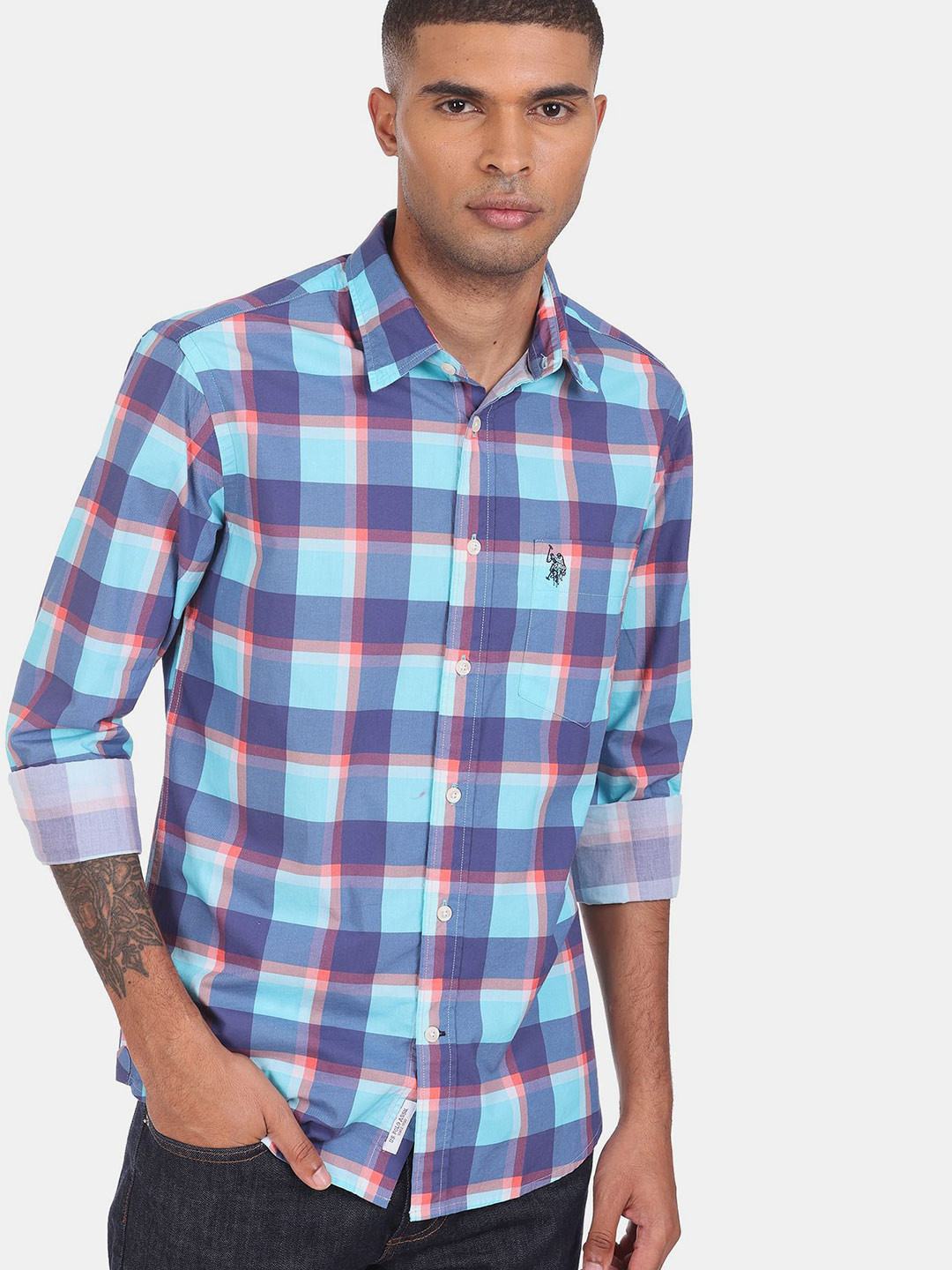 U S Polo Assn Men Blue Checked Pure Cotton Casual Shirt