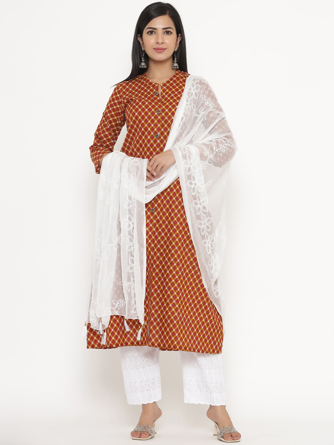 Fabriko Women Brown Ethnic Motifs Panelled Pure Cotton Kurta with Trousers & With Dupatta