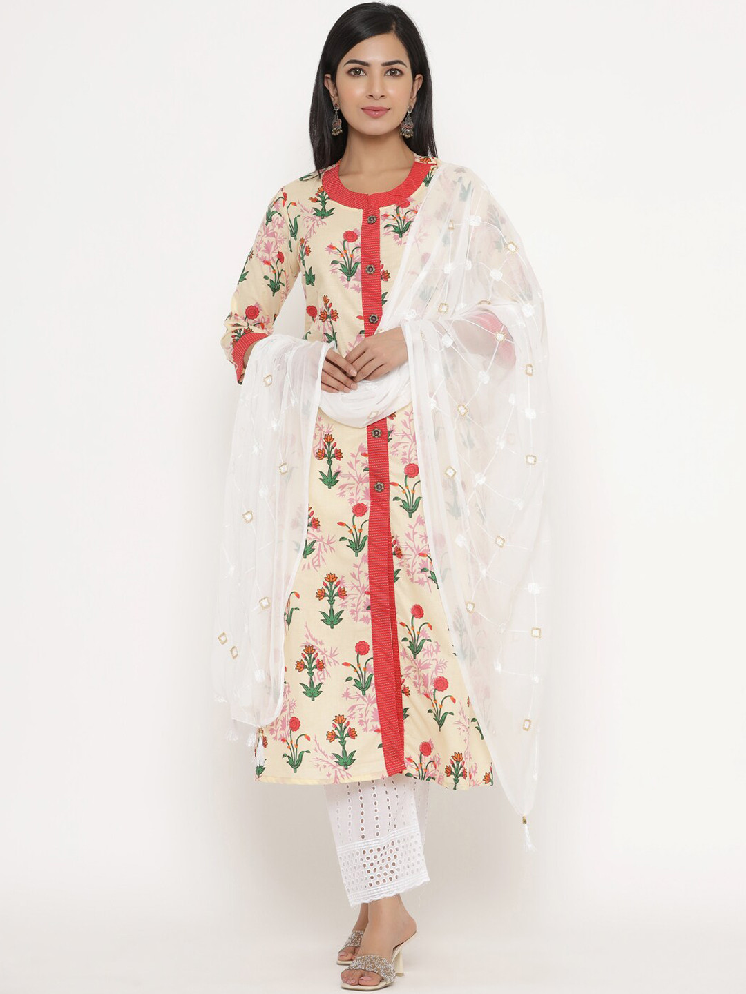 Fabriko Women Beige Floral Embroidered Panelled Pure Cotton Kurti with Trousers & With Dupatta
