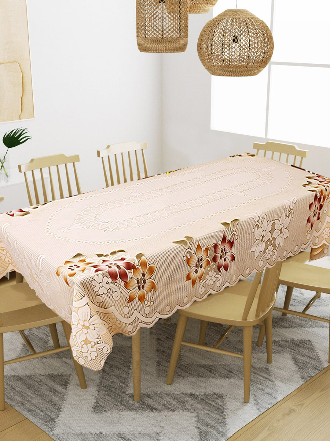WEAVERS VILLA Cream Printed 6 Seater Cotton Table Covers