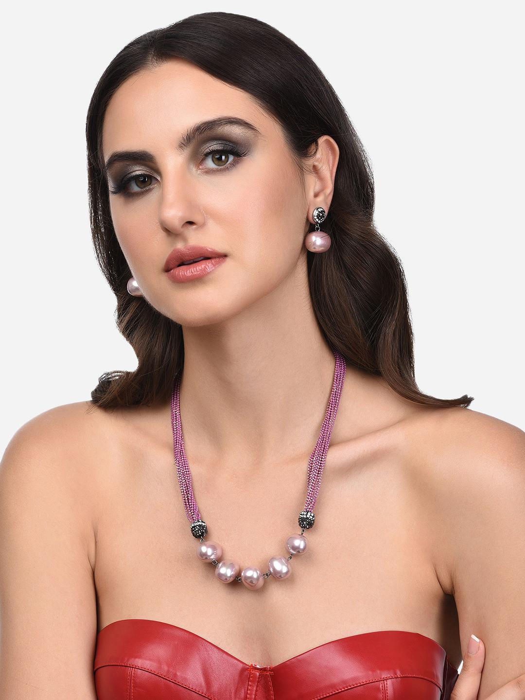 Zaveri Pearls Women Silver Plated Pink Beaded Multistrands Contemporary Jewellery Set