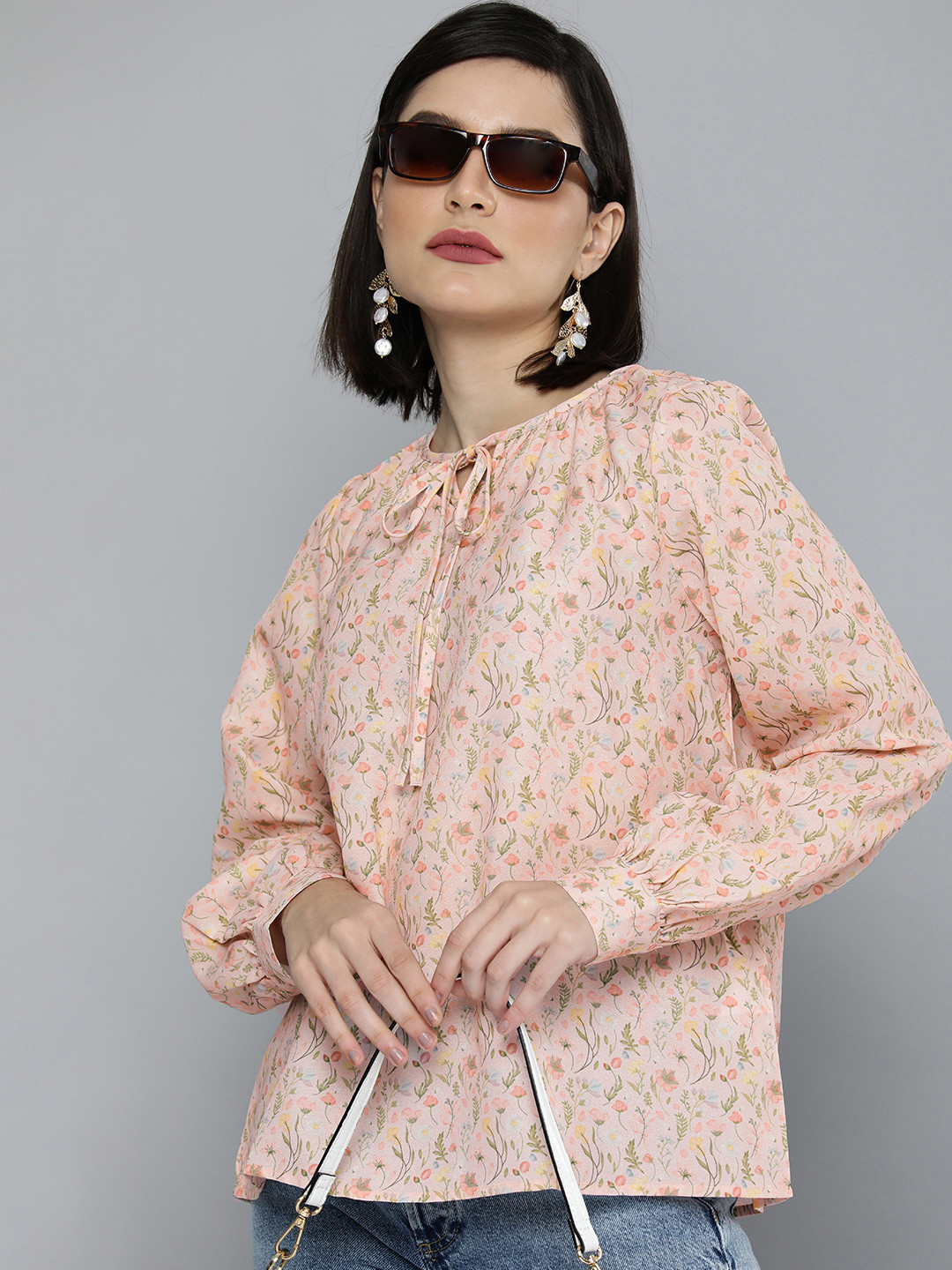 Flying Machine Pink & Green Floral Printed Tie-Up Neck Top