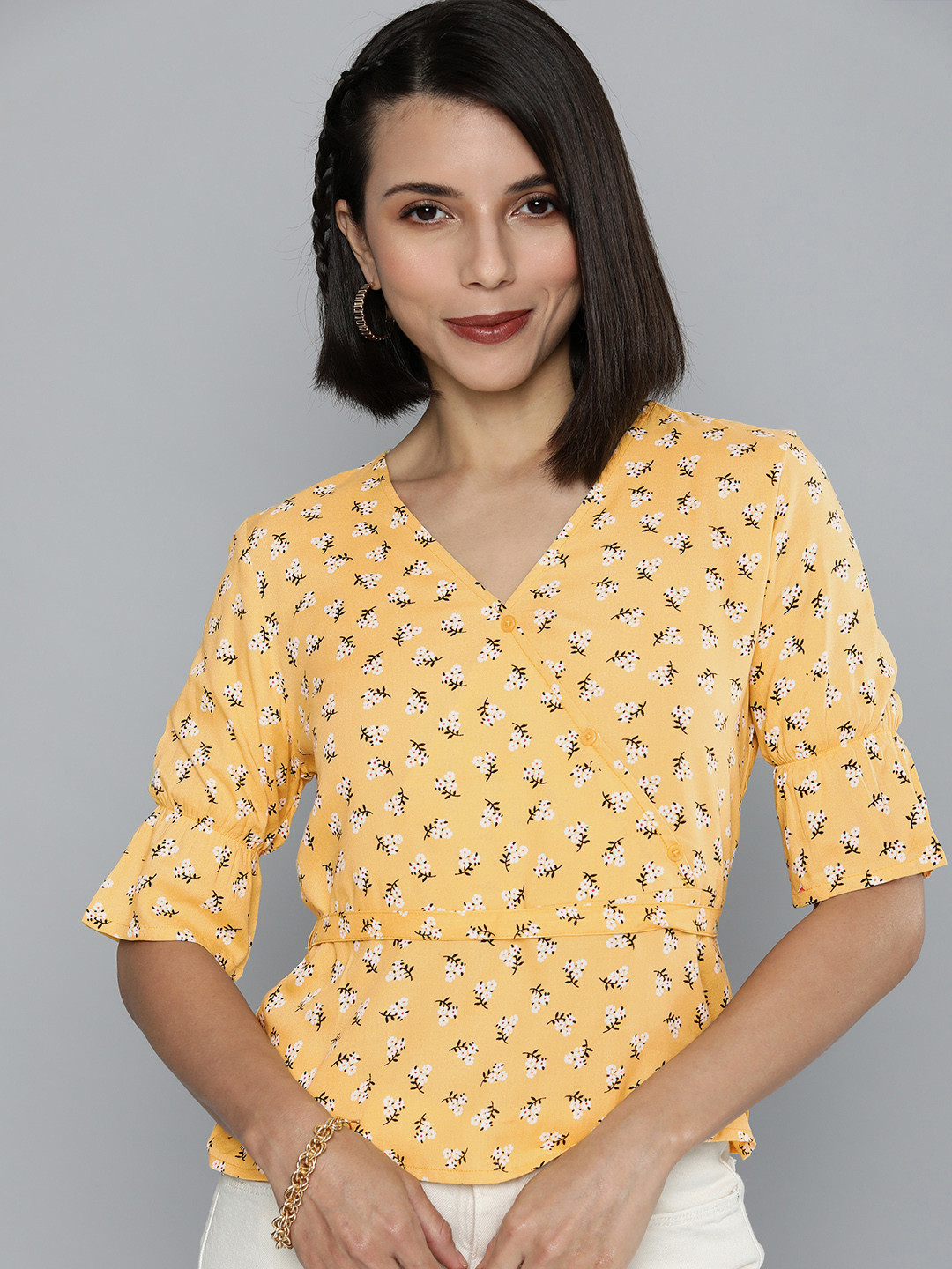 Flying Machine Women Yellow & Black Floral Print Wrap Top
