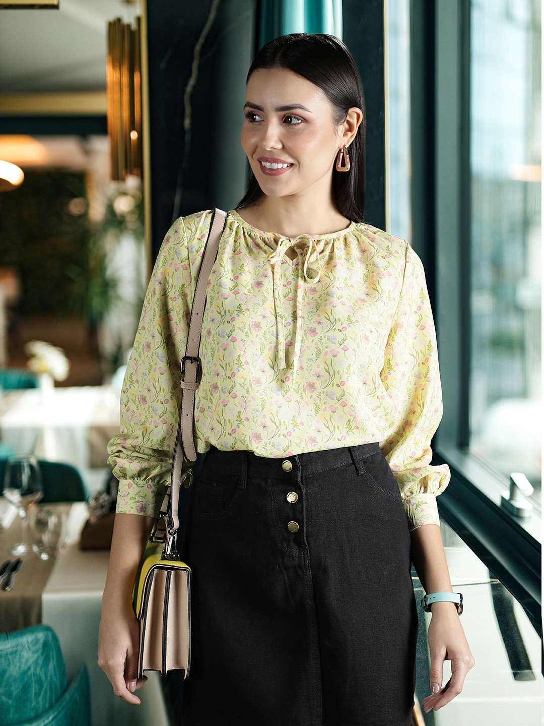 Flying Machine Women Yellow & Pink Floral Print Tie-Up Neck Top