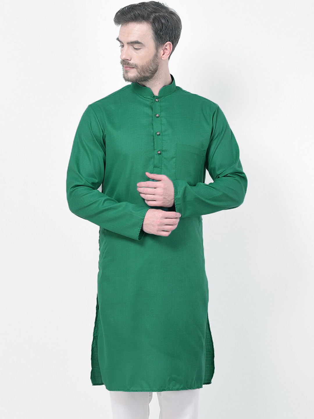 SG LEMAN Men Teal Solid Mandarin Neck Straight Kurta