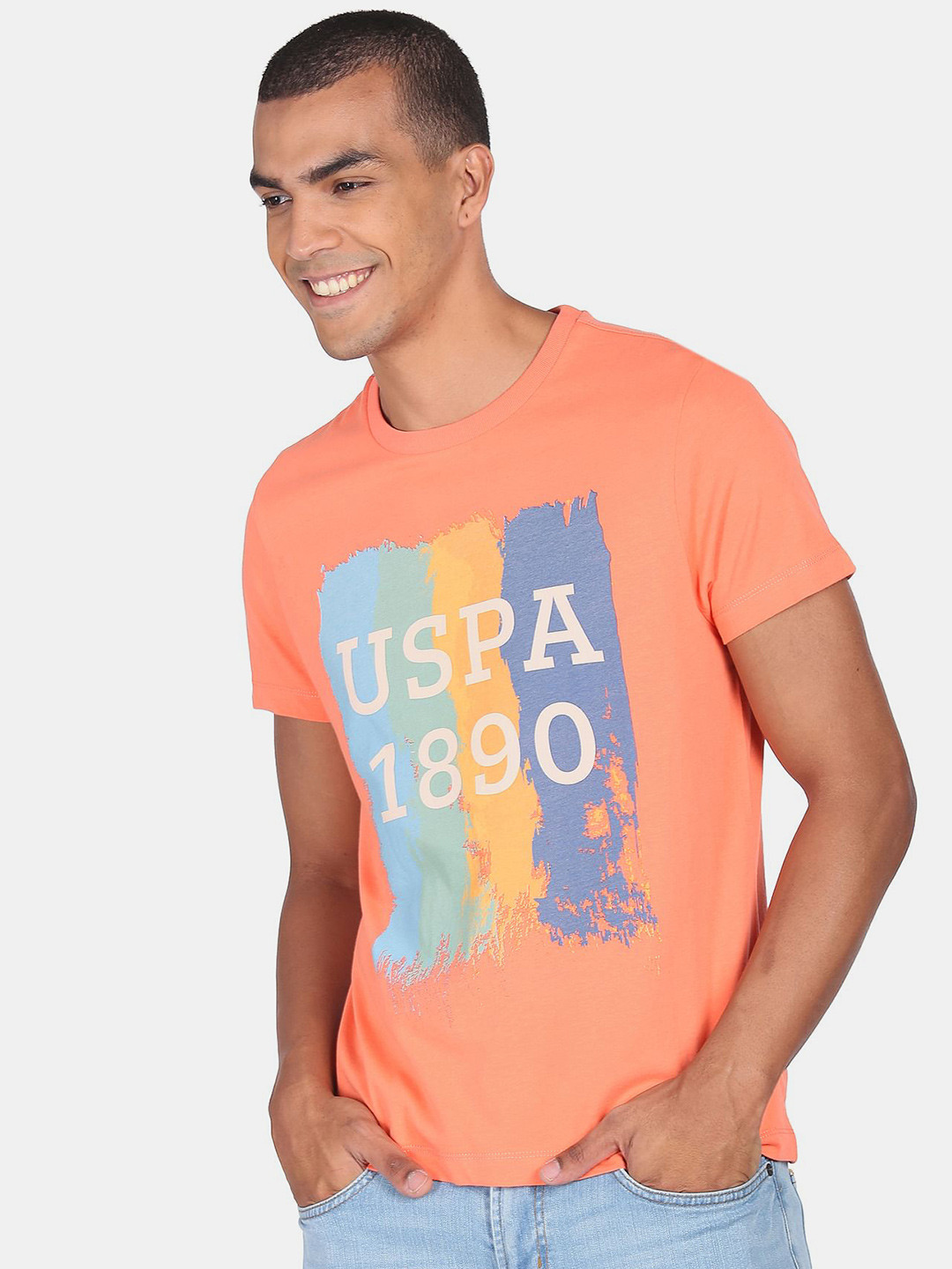 U.S. Polo Assn. Denim Co.Men Orange Applique T-shirt 100% Cotton