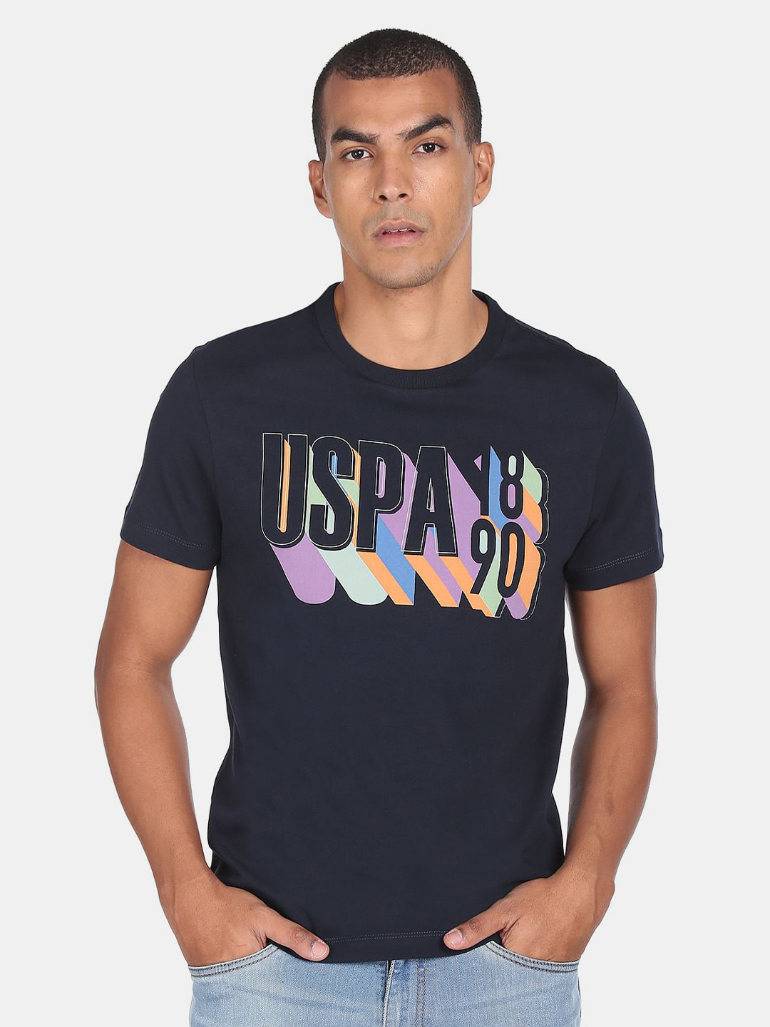U.S. Polo Assn. Denim Co.Men Navy Blue Typography Printed T-shirt