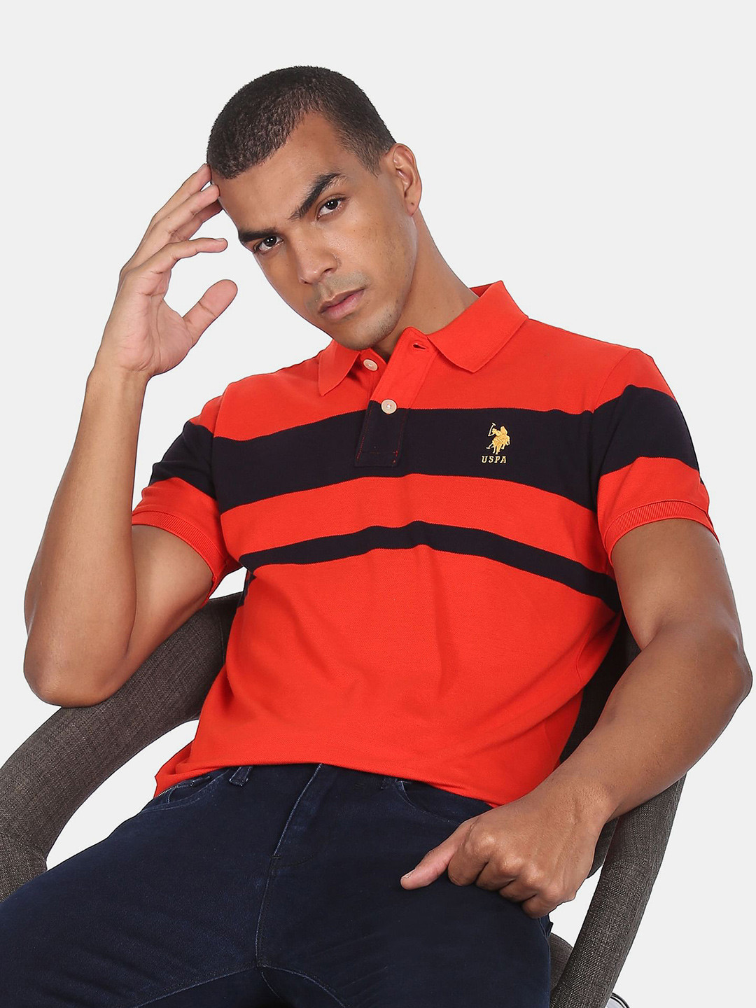 U S Polo Assn Men Orange Striped Polo Collar T-shirt