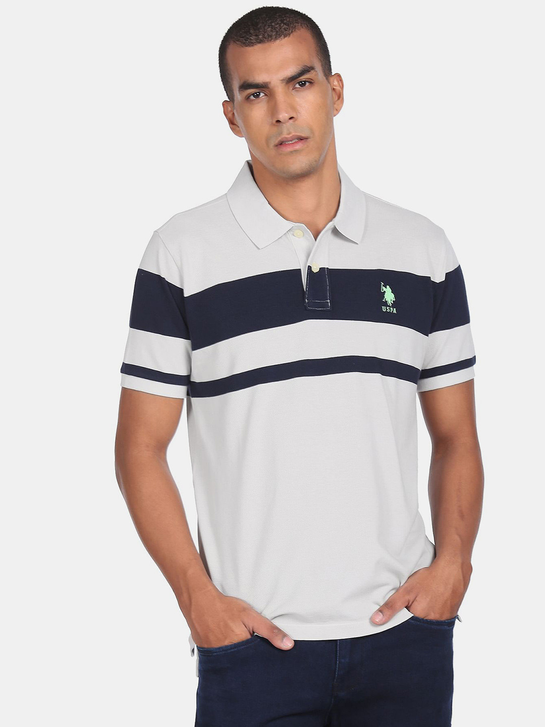 U S Polo Assn Men Grey & Navy Blue Striped Polo Collar T-shirt