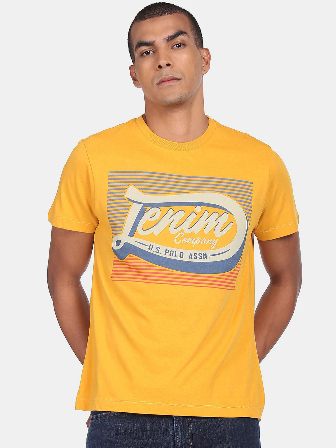U.S. Polo Assn. Denim Co.Men Mustard Yellow Typography Printed T-shirt