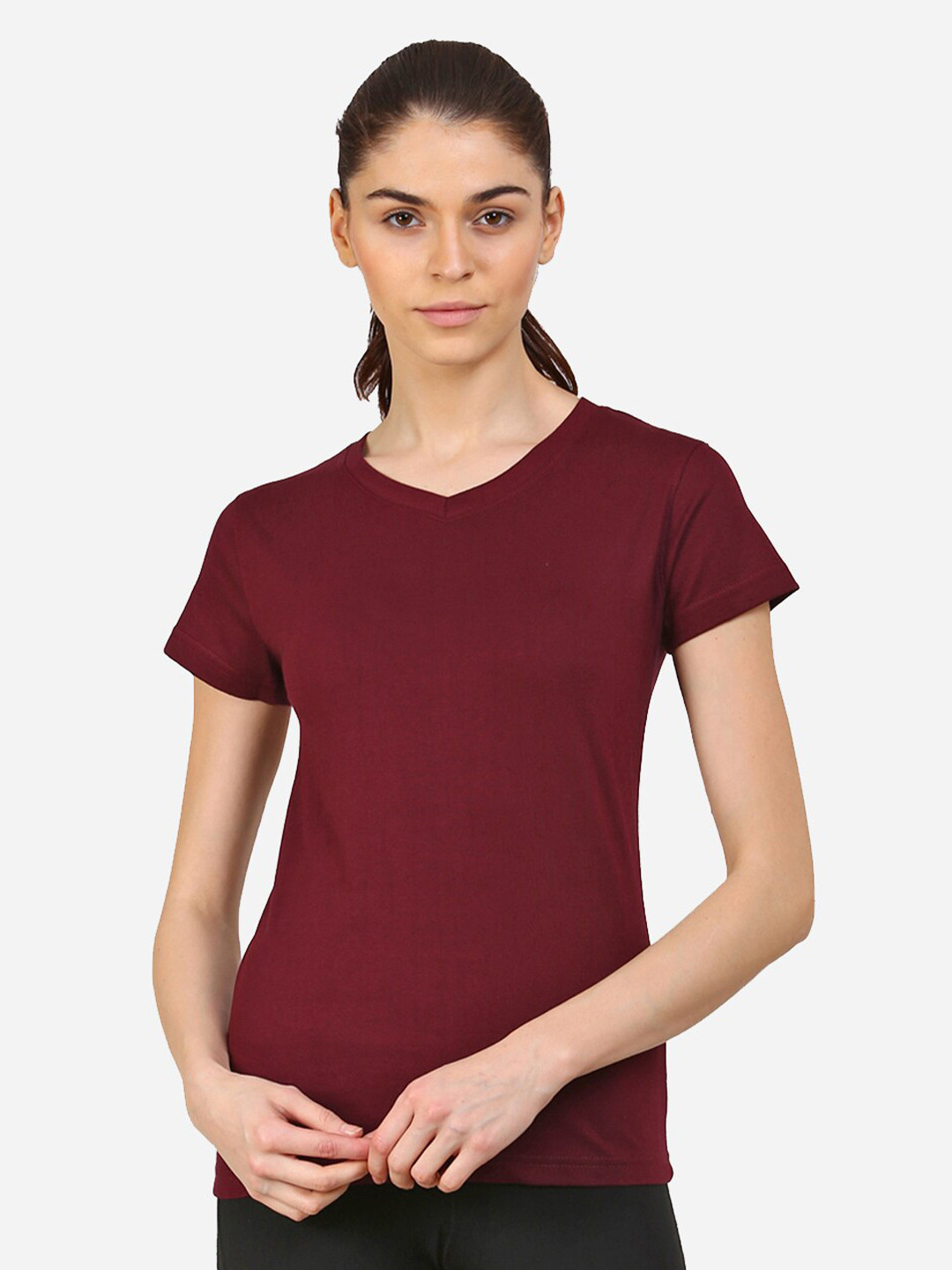 appulse Women Maroon V-Neck T-shirt