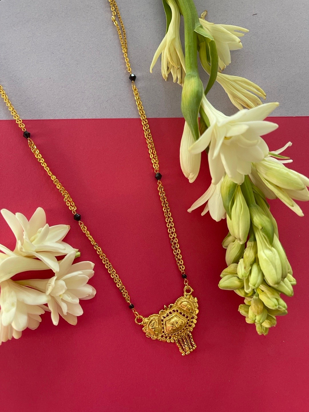 Digital Dress Room Gold-Plated Black Crystal Beads Long Mangalsutra