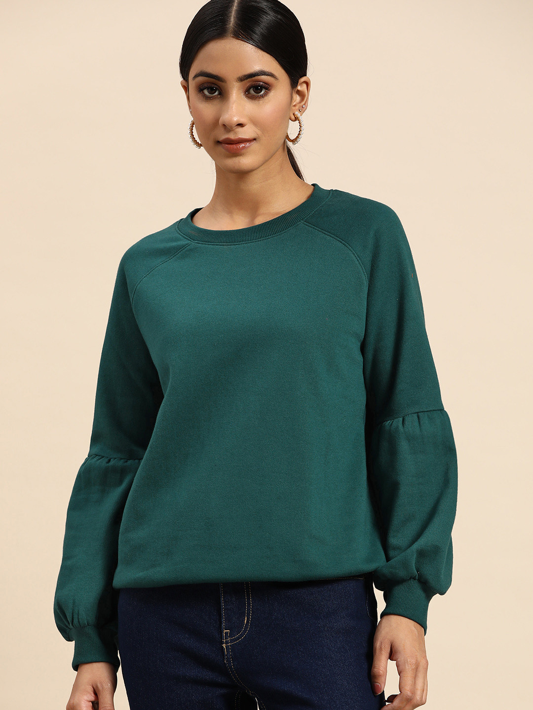 all about you Women Teal Green Solid Sweatshirt
