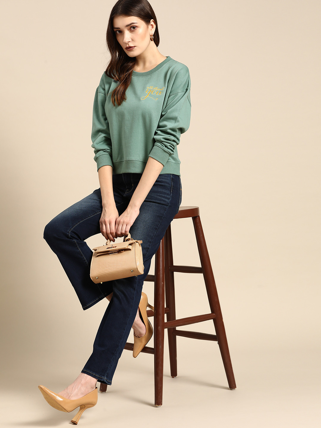 all about you Women Sage Green Solid Sweatshirt With Embroidered Detail