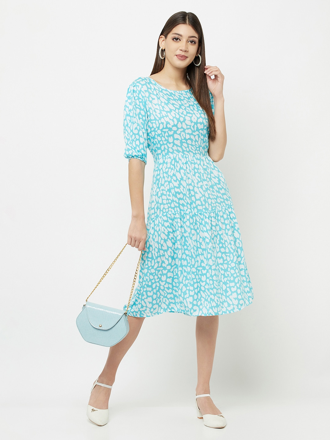 Crimsoune Club Women Green & White Animal Printed Midi Fit & Flare Dress