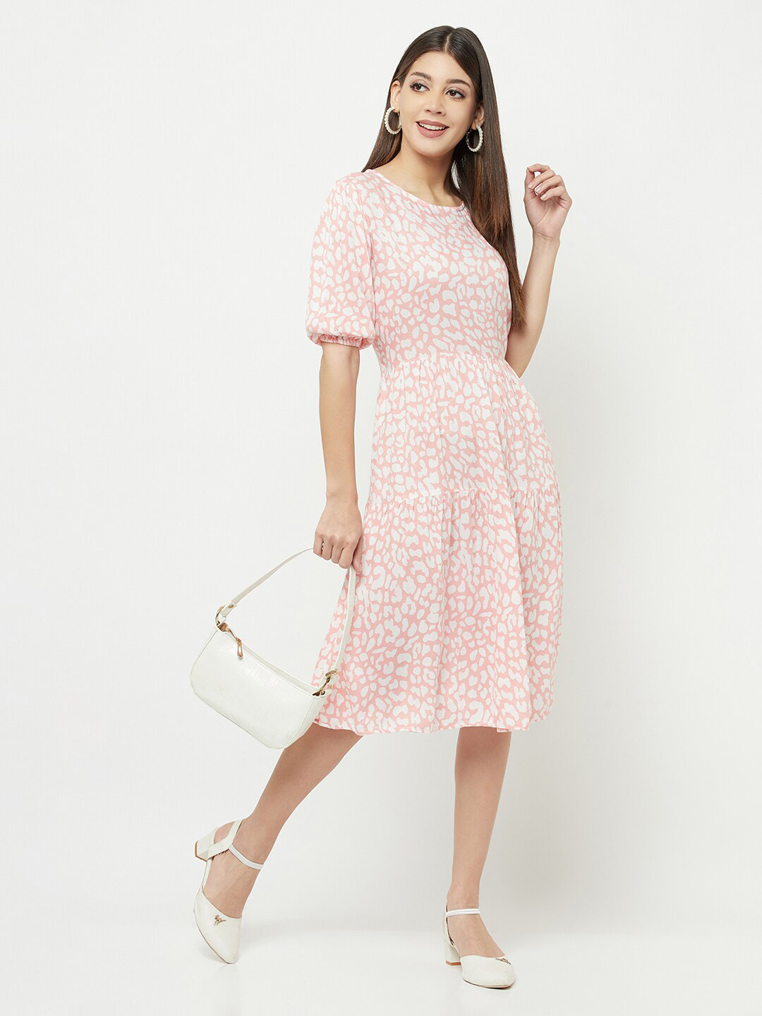 Crimsoune Club Pink & White Animal Printed Midi Fit & Flare Dress