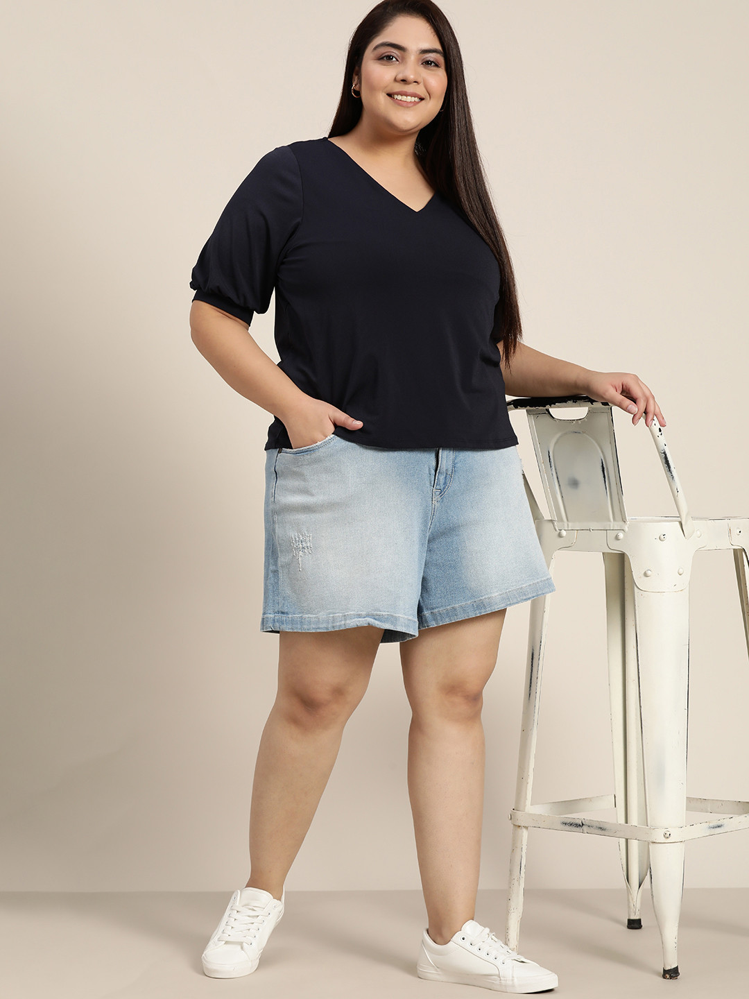 Sztori Women Plus Size Blue Woven Denim Shorts