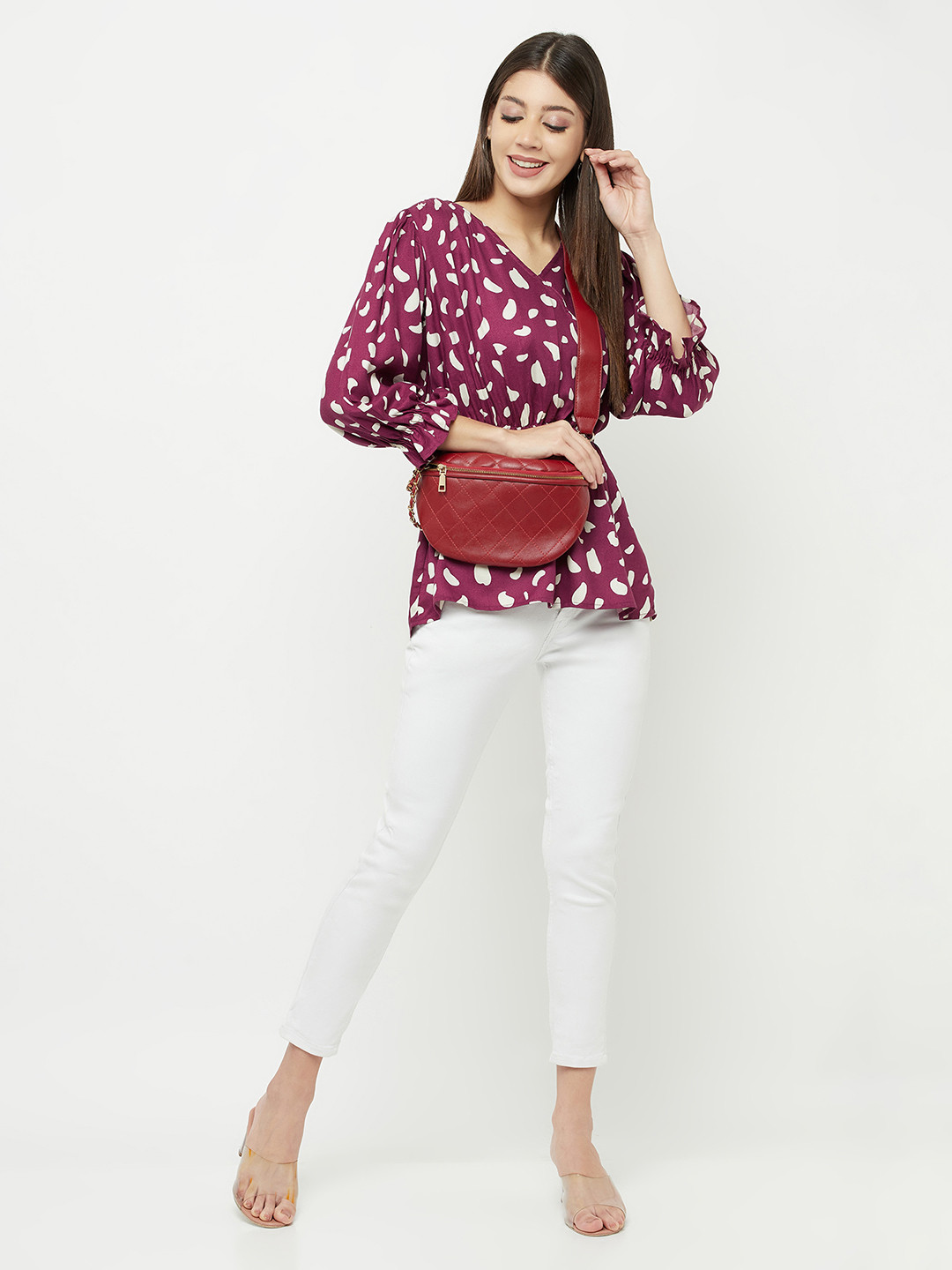 Crimsoune Club Women Purple & White Printed Cinched Waist Top