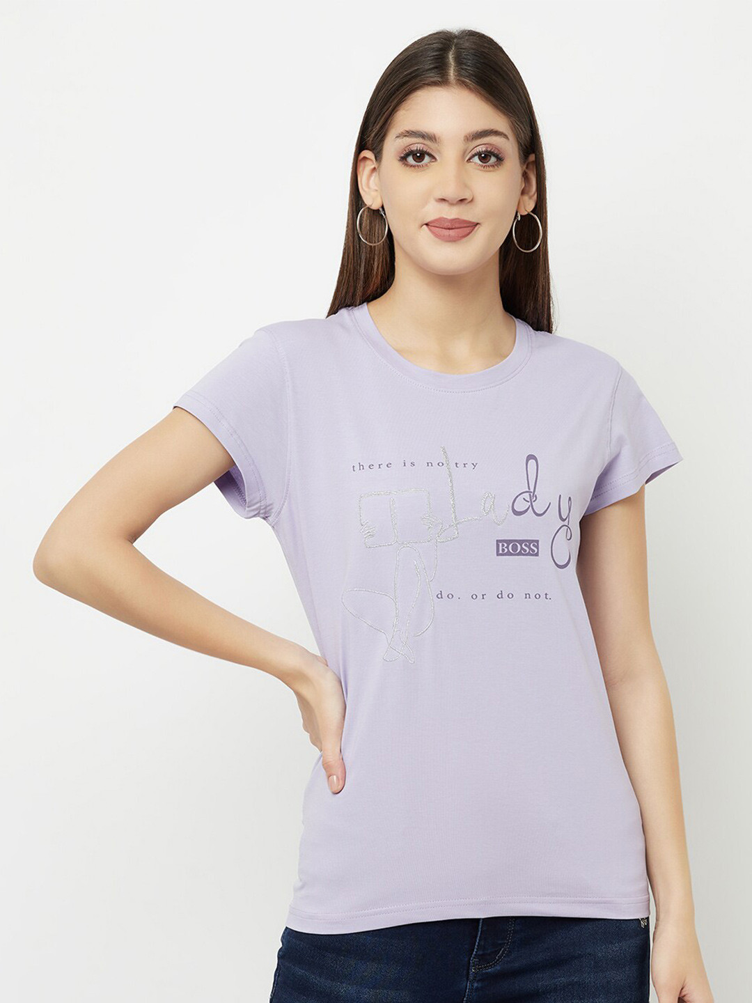 Crimsoune Club Women Purple Typography Printed Extended Sleeves Slim Fit T-shirt
