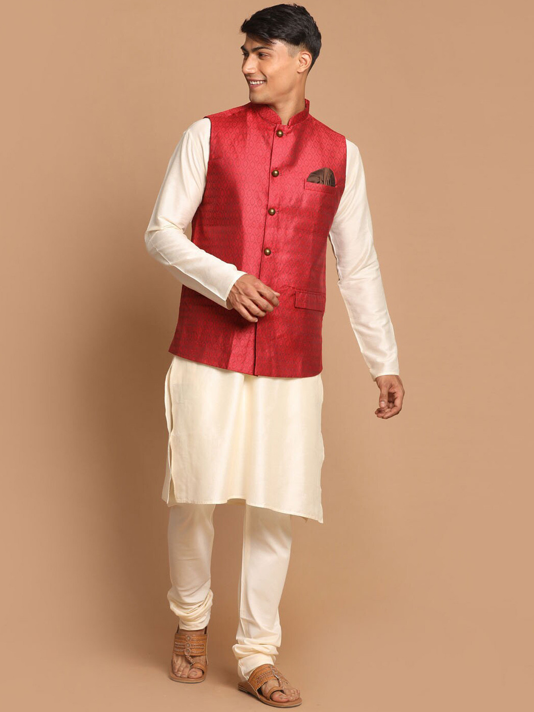 VASTRAMAY Men Cream-Coloured Festive Straight Kurta Sets