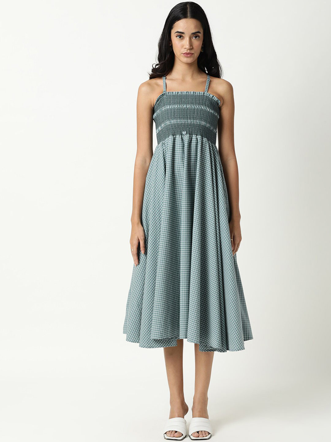 RAREISM Green & White Checked Shoulder Straps Casual Midi Dress