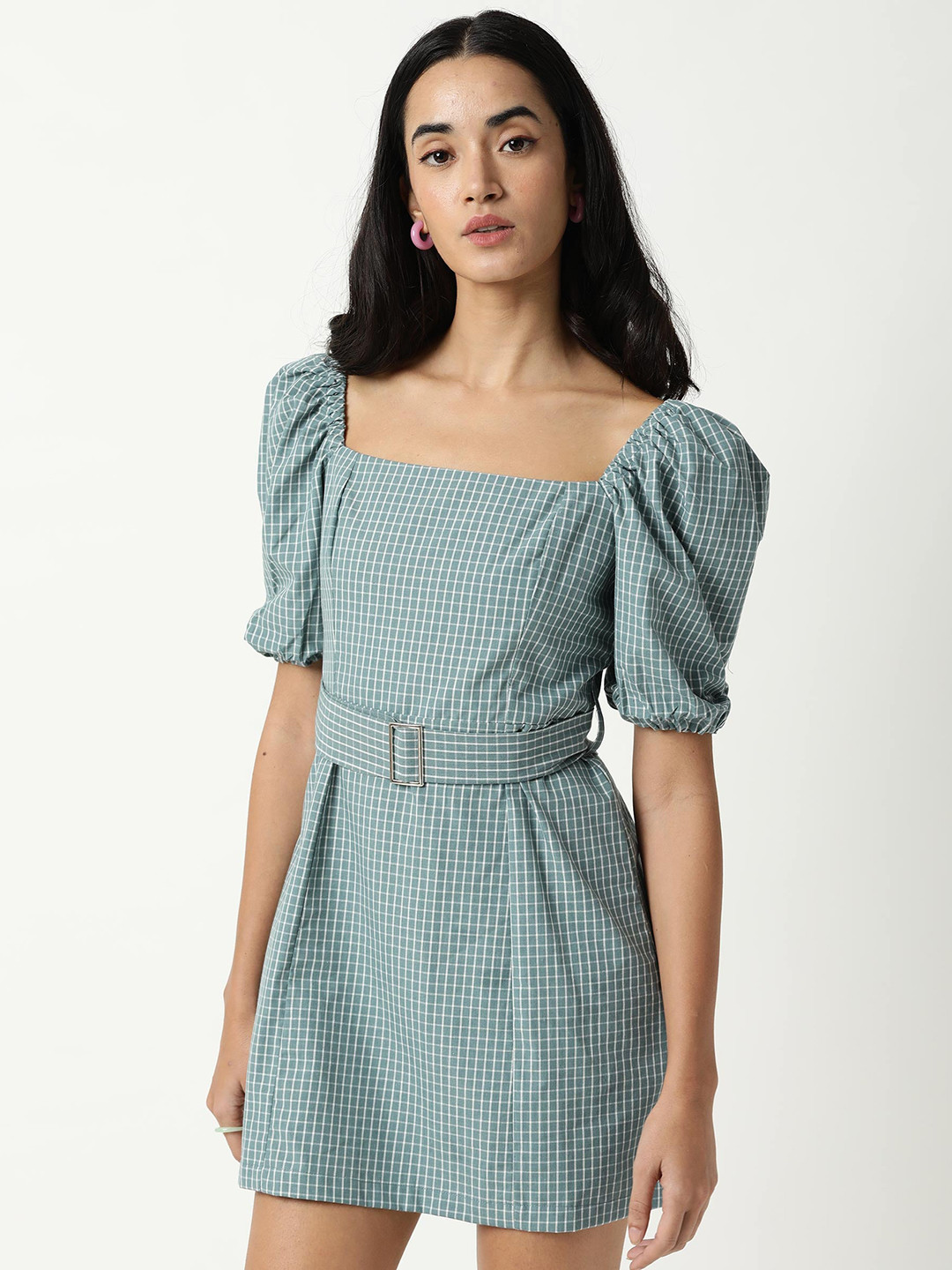 RAREISM Green & White Checked Sheath Mini Dress