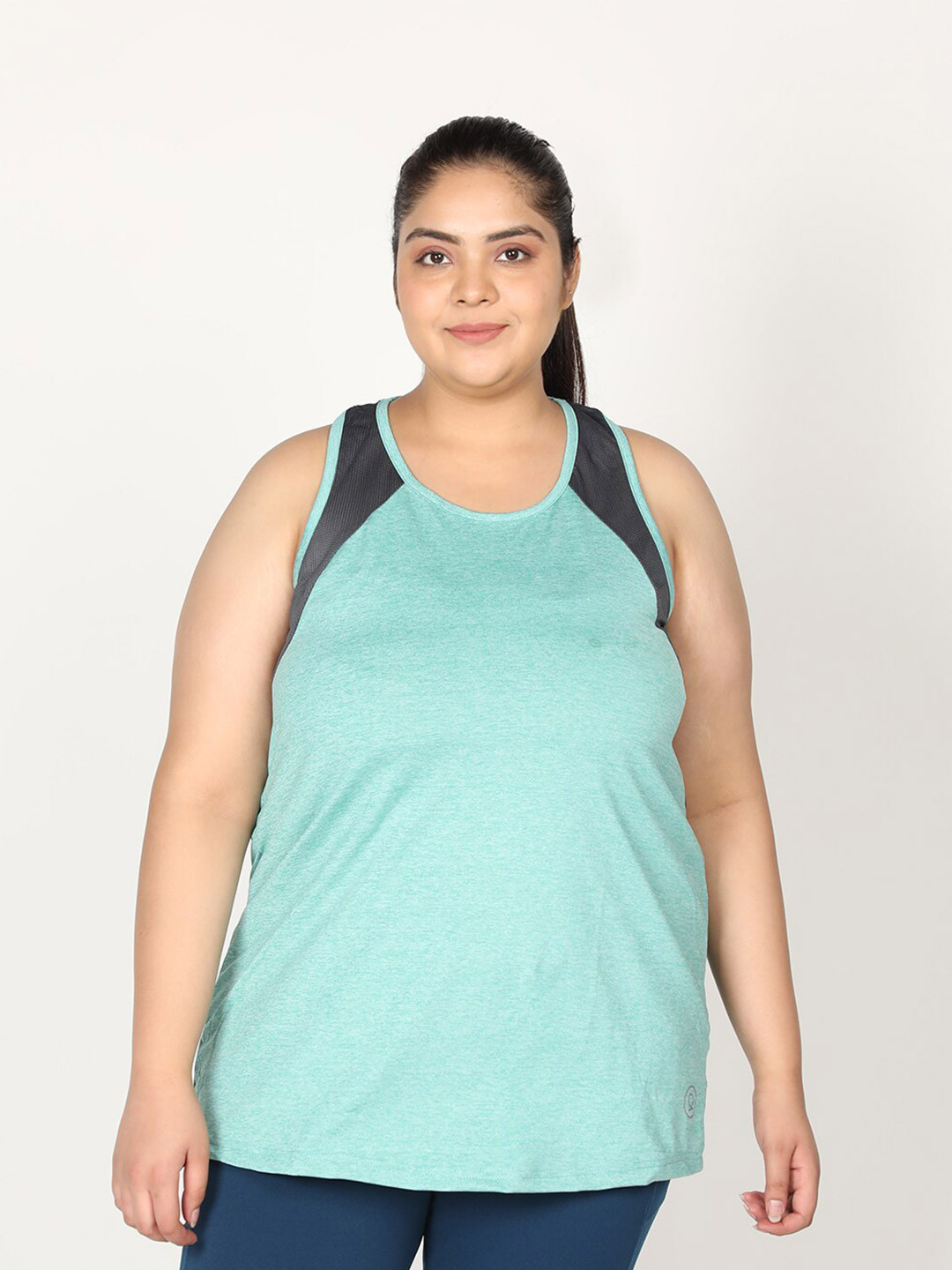 CHKOKKO Plus Women Sea Green Grey Colourblocked Round Neck Tank Top