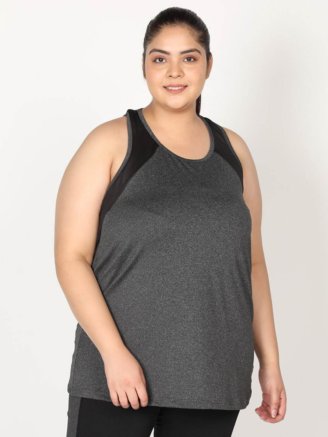 CHKOKKO Plus Women Charcoal Black Sleeveless Round Neck Tank Top