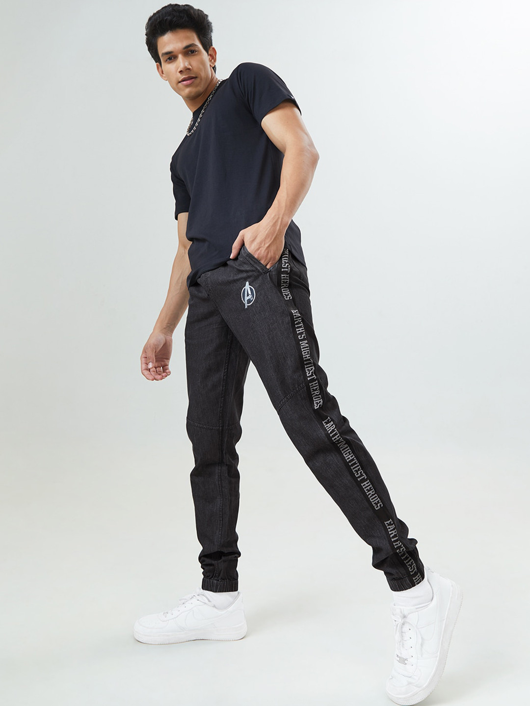 The Souled Store Men Cotton Avengers Logo Printed Denim Joggers