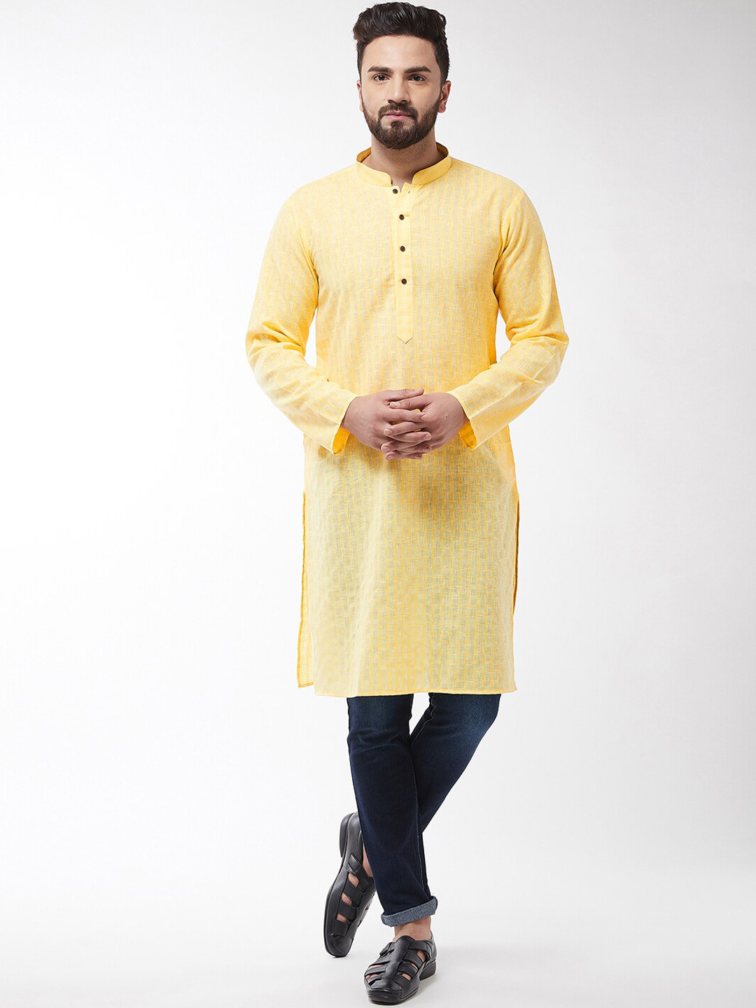 SOJANYA Men Yellow Thread Work Dobby Kurta