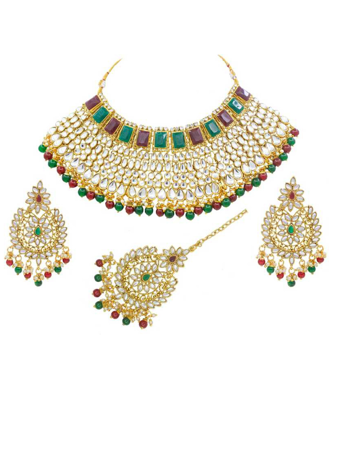 SAIYONI Gold-Plated White & Green Kundan-Studded & Pearl Beaded Jewellery Set